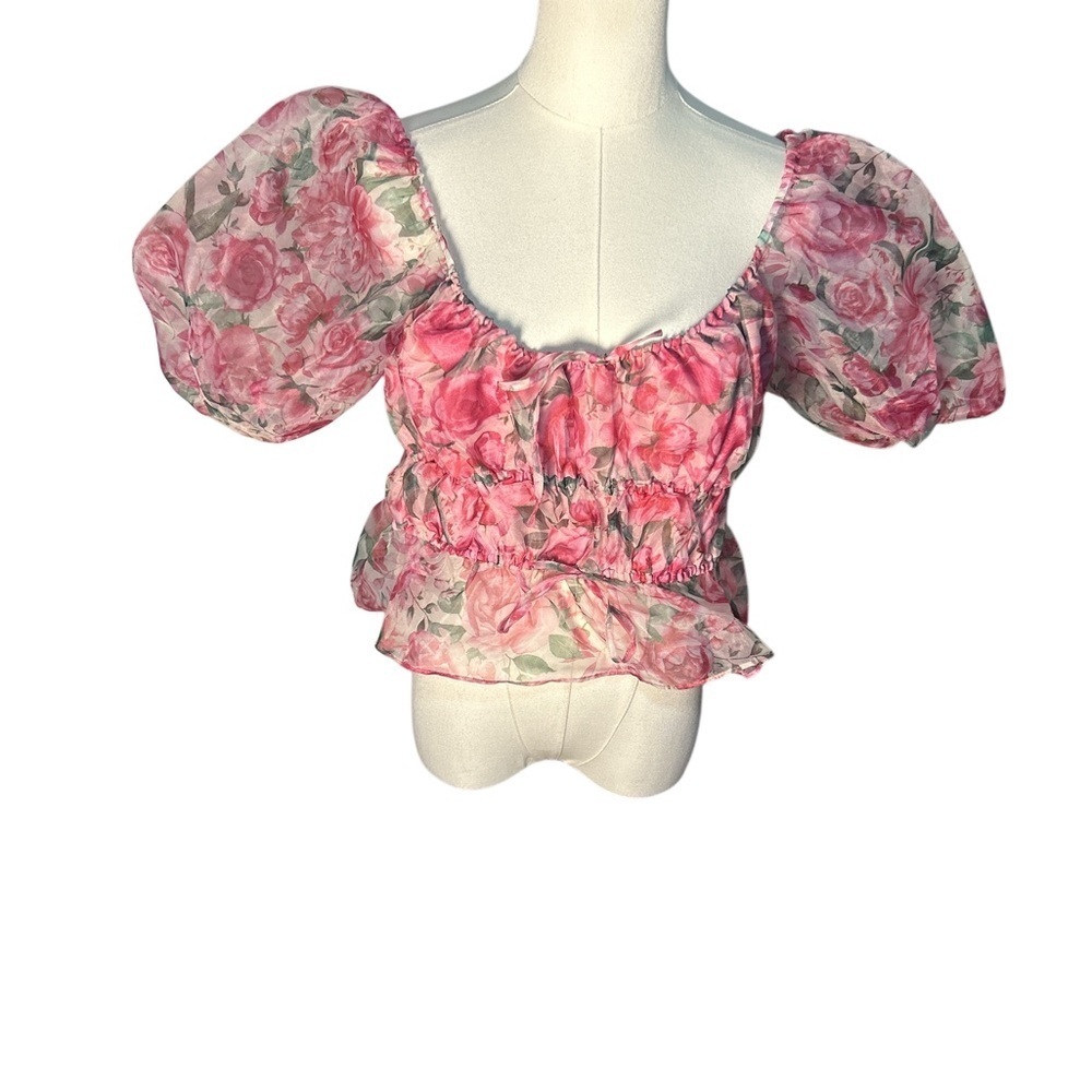 Joie Pink Floral Puff Sleeve Crop Blouse Romantic Coquette Top M - Picture 2 of 8